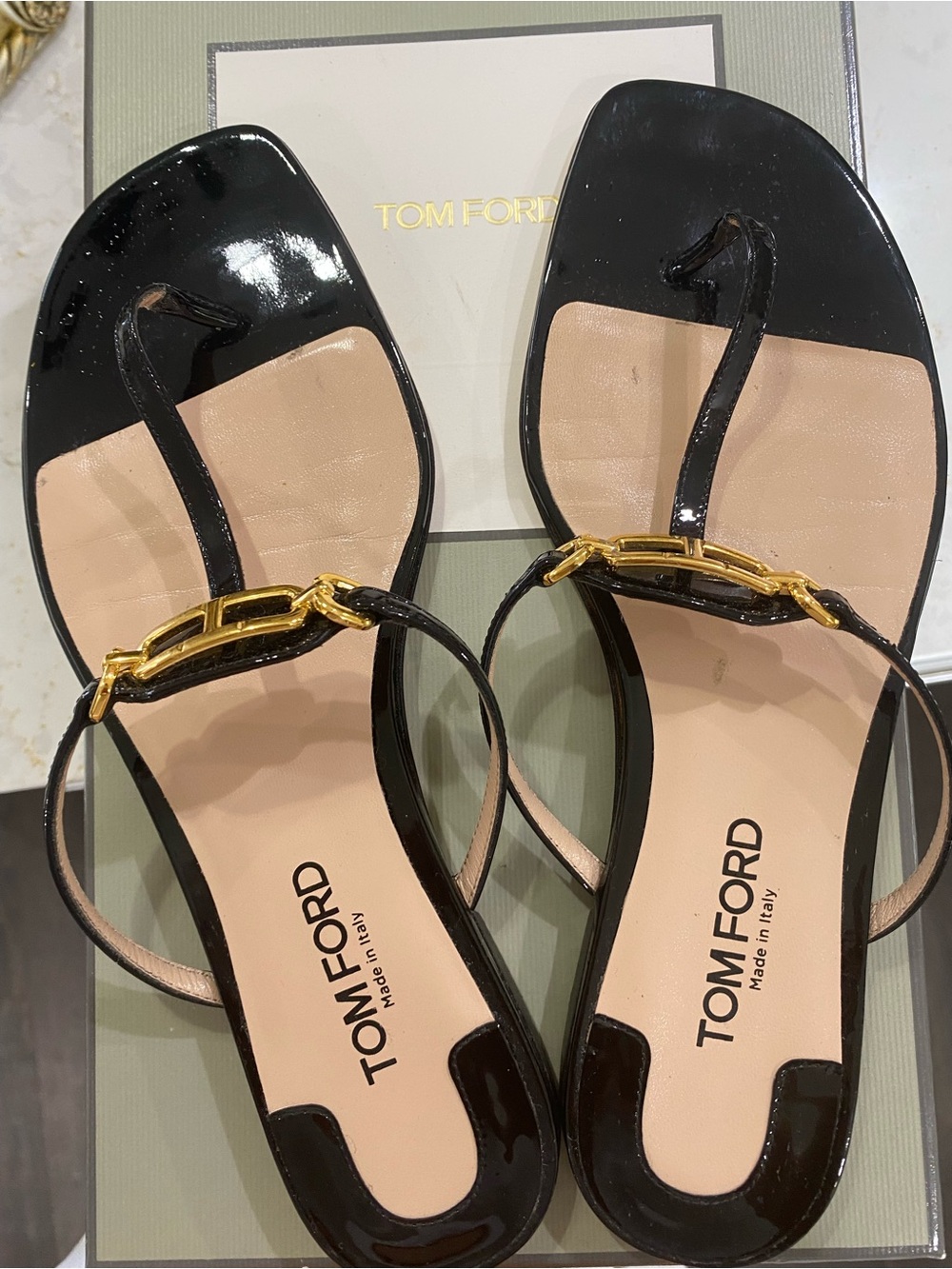 Tom Ford Black Patent Leather T-Strap Sandals with Gold Chain Accent